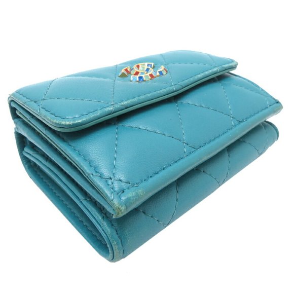 CHANEL Coco Mark Tri-fold Wallet Leather Turquoise Blue ⭐ - Picture 3 of 10